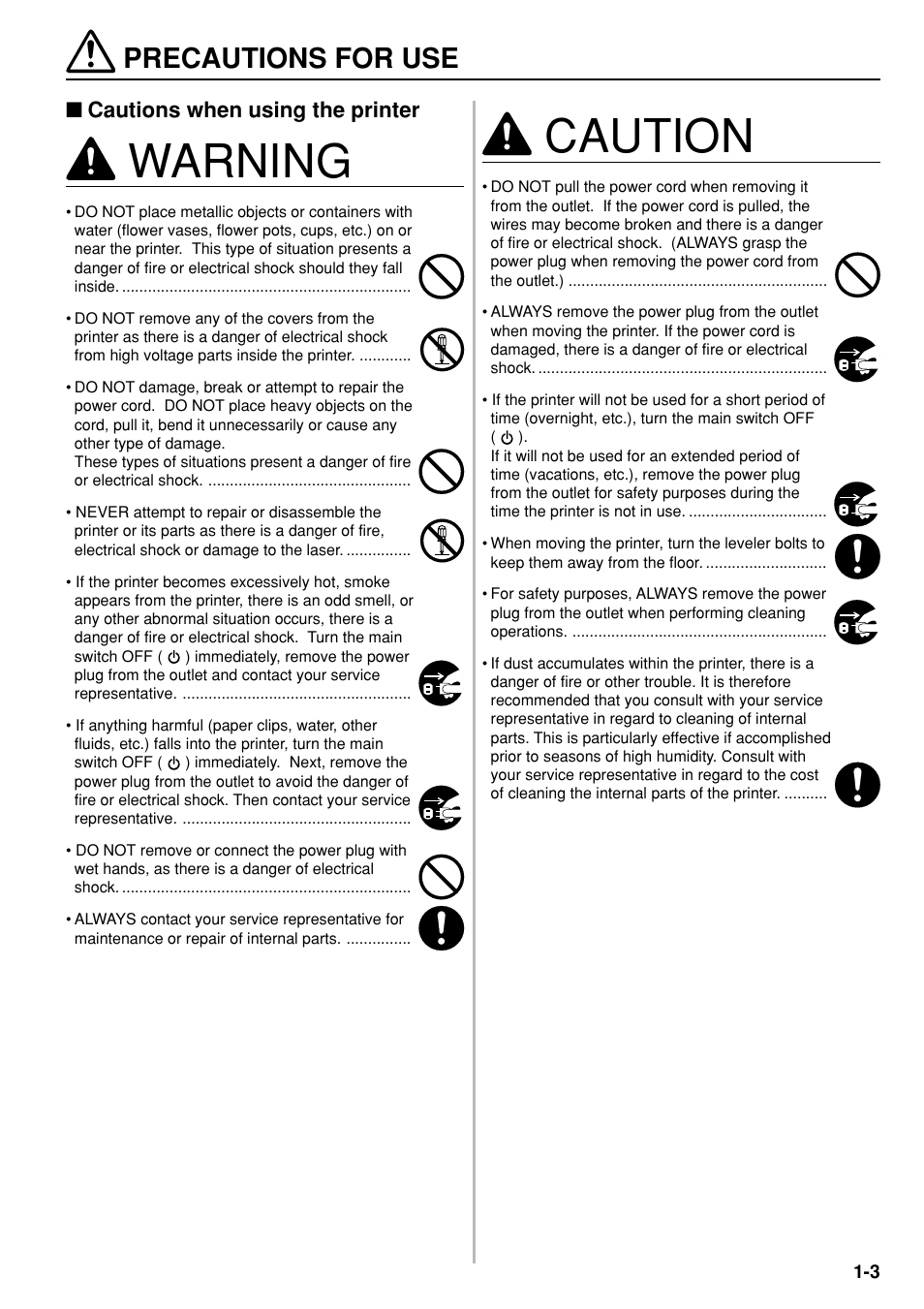 Precautions for use, Precautions for use -3, Caution | Warning | Kyocera KM-P4850w User Manual | Page 11 / 68