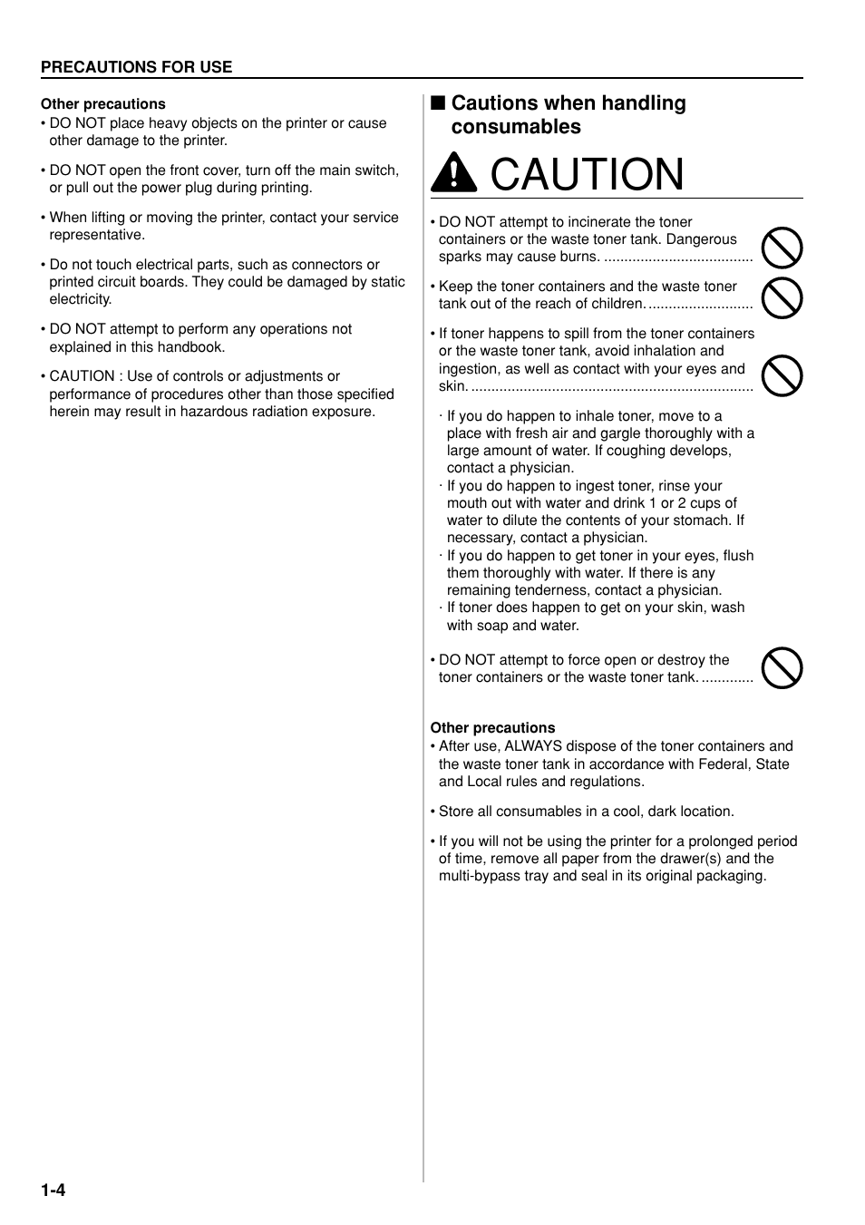 Caution, Cautions when handling consumables | Kyocera KM-P4850w User Manual | Page 12 / 68
