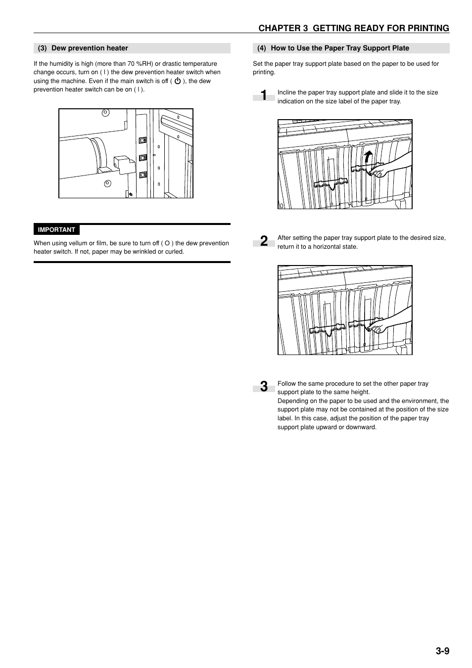 3) dew prevention heater, 4) how to use the paper tray support plate, 3) dew prevention heater -9 | 4) how to use the paper tray support plate -9 | Kyocera KM-P4850w User Manual | Page 27 / 68