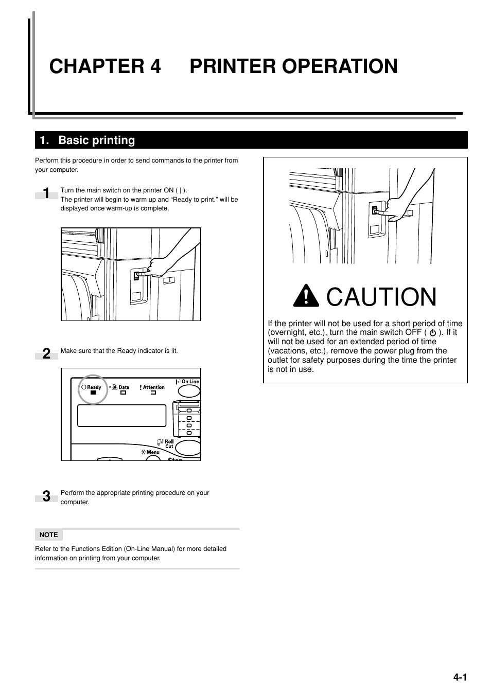 Chapter 4 printer operation, Basic printing, Chapter 4 | Printer operation -1, Basic printing -1, Caution | Kyocera KM-P4850w User Manual | Page 29 / 68