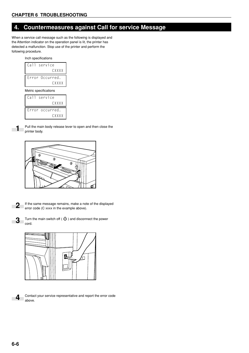 Countermeasures against call for service message, Countermeasures against call for service, Message -6 | Kyocera KM-P4850w User Manual | Page 52 / 68