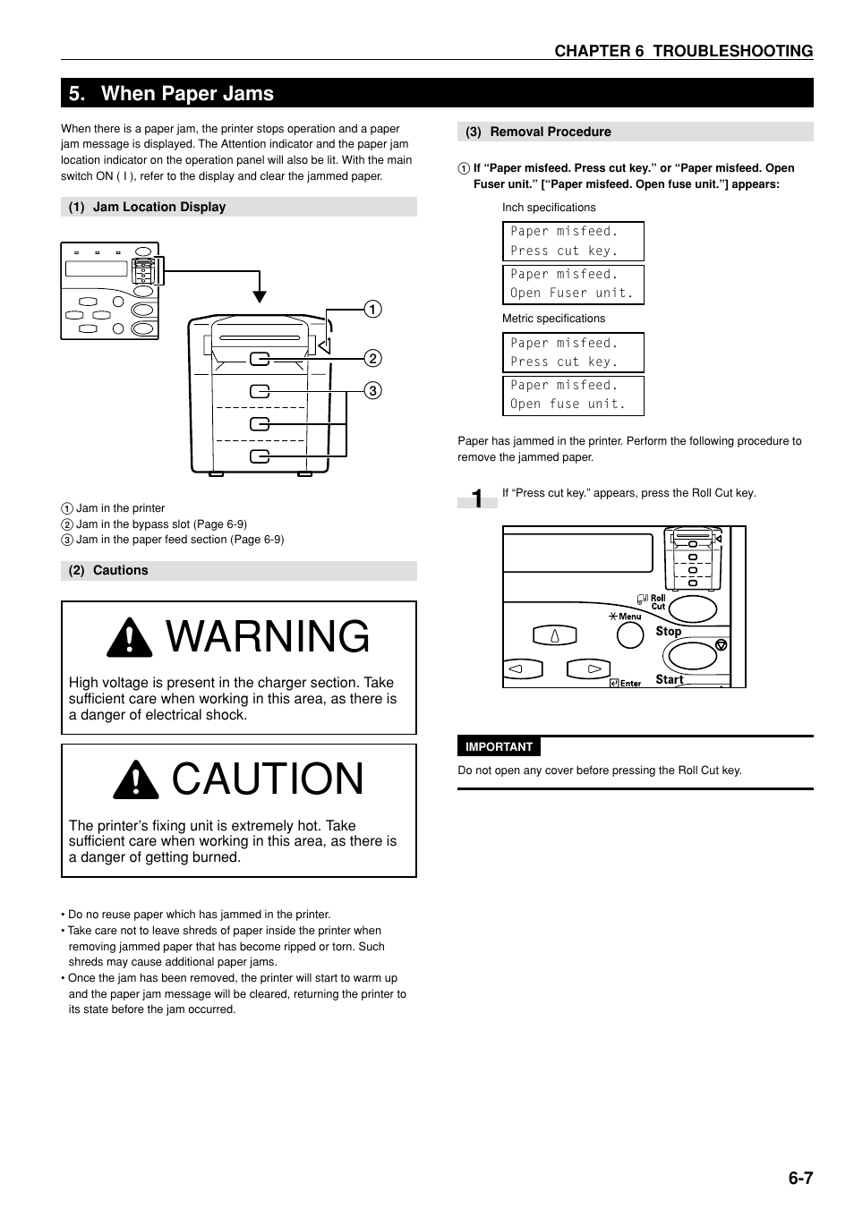When paper jams, 1) jam location display, 2) cautions | 3) removal procedure, When paper jams -7, 1) jam location display -7, 2) cautions -7, 3) removal procedure -7, Warning, Caution | Kyocera KM-P4850w User Manual | Page 53 / 68