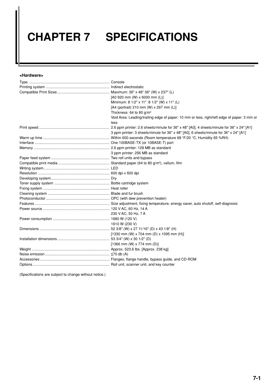 Chapter 7 specifications, Chapter 7, Specifications -1 | Kyocera KM-P4850w User Manual | Page 61 / 68