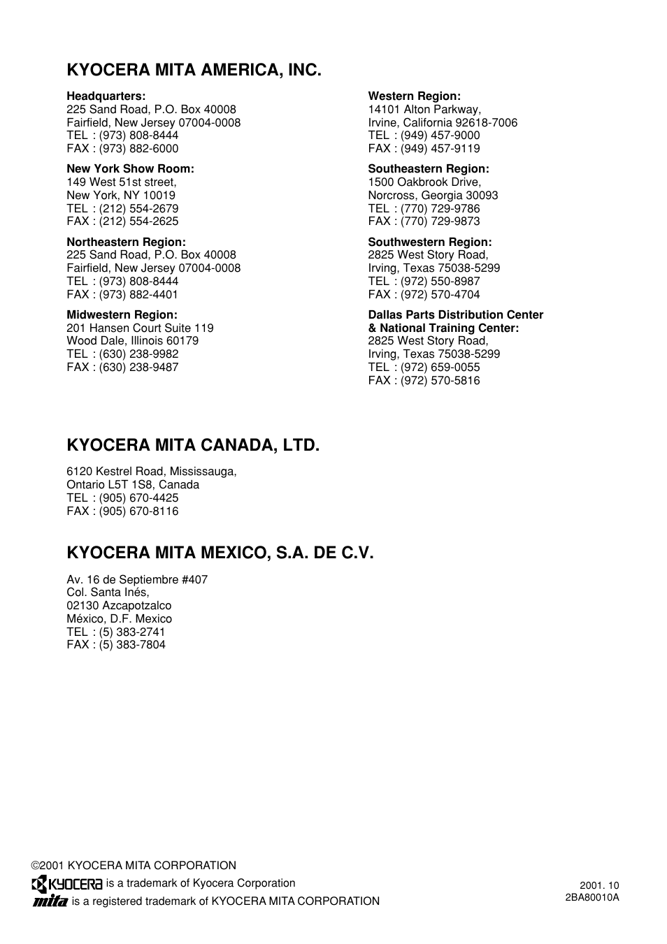 Kyocera mita america, inc, Kyocera mita canada, ltd, Kyocera mita mexico, s.a. de c.v | Kyocera KM-P4850w User Manual | Page 68 / 68