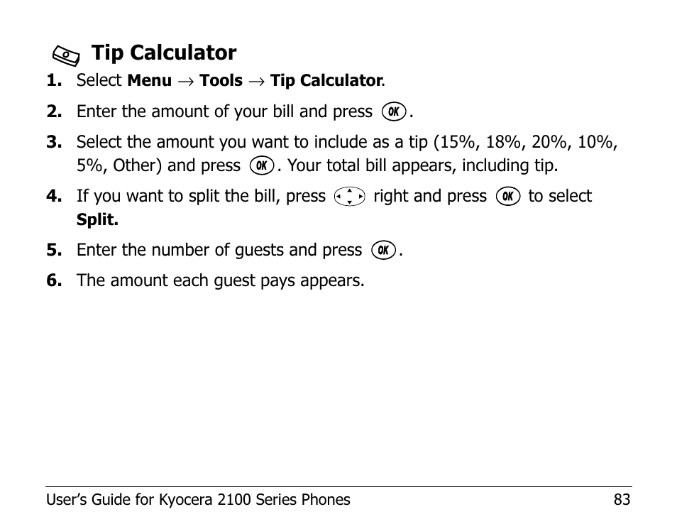 Tip calculator | Kyocera 2100 Series User Manual | Page 103 / 123