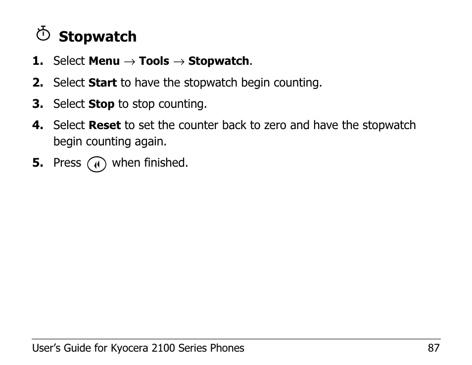 Stopwatch | Kyocera 2100 Series User Manual | Page 107 / 123