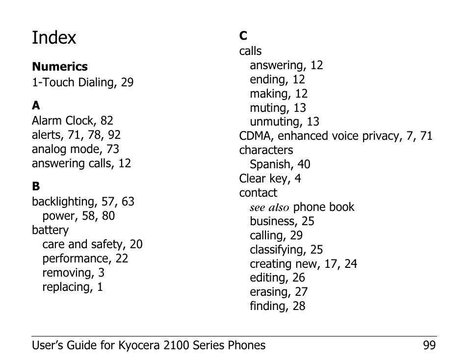 Index | Kyocera 2100 Series User Manual | Page 119 / 123