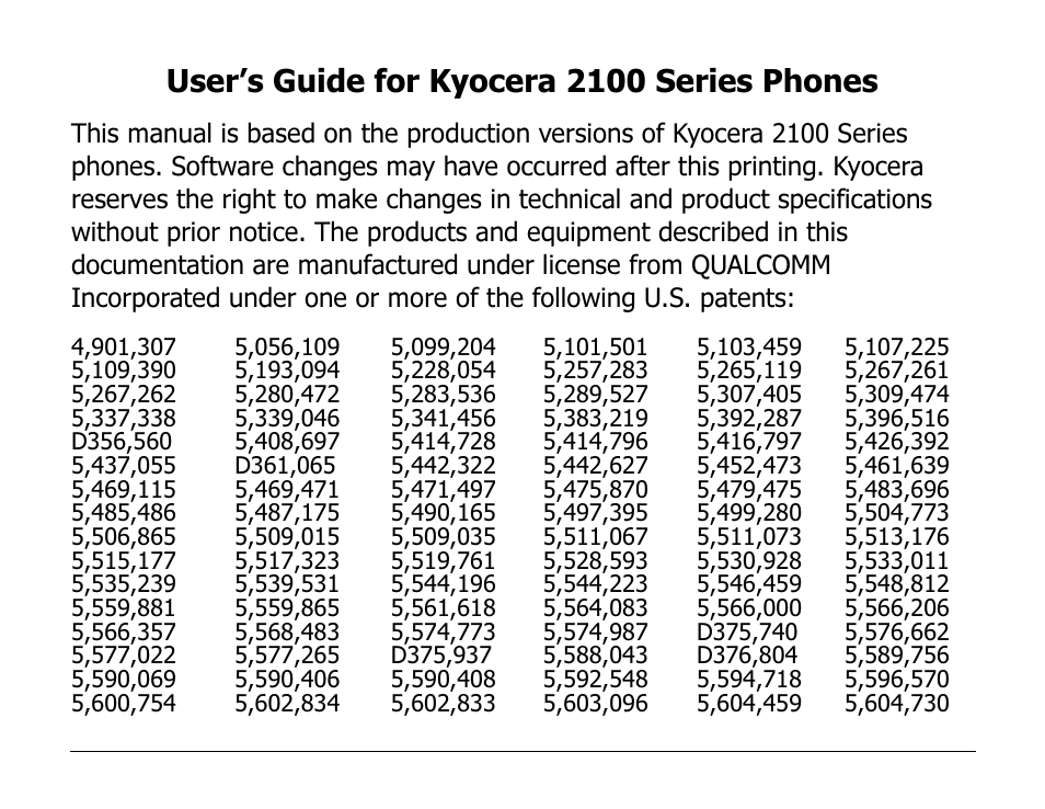 User’s guide for kyocera 2100 series phones | Kyocera 2100 Series User Manual | Page 2 / 123