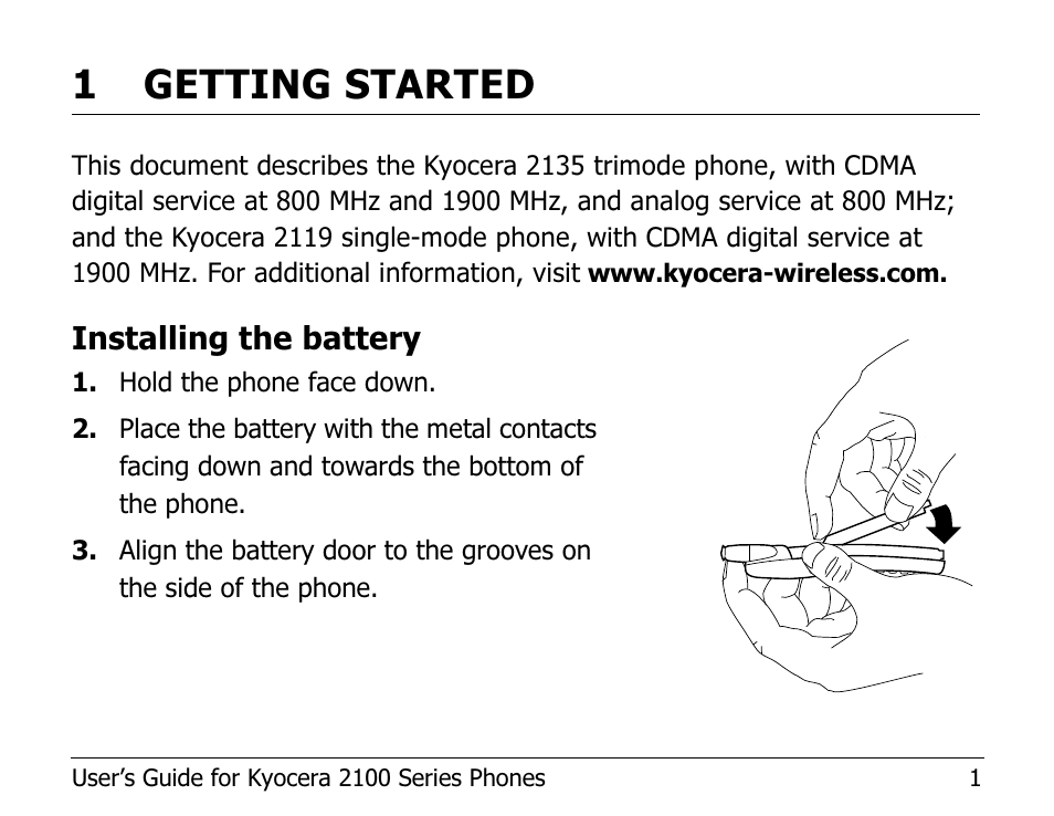 1 getting started, Installing the battery | Kyocera 2100 Series User Manual | Page 21 / 123