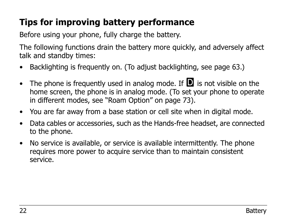 Tips for improving battery performance | Kyocera 2100 Series User Manual | Page 42 / 123