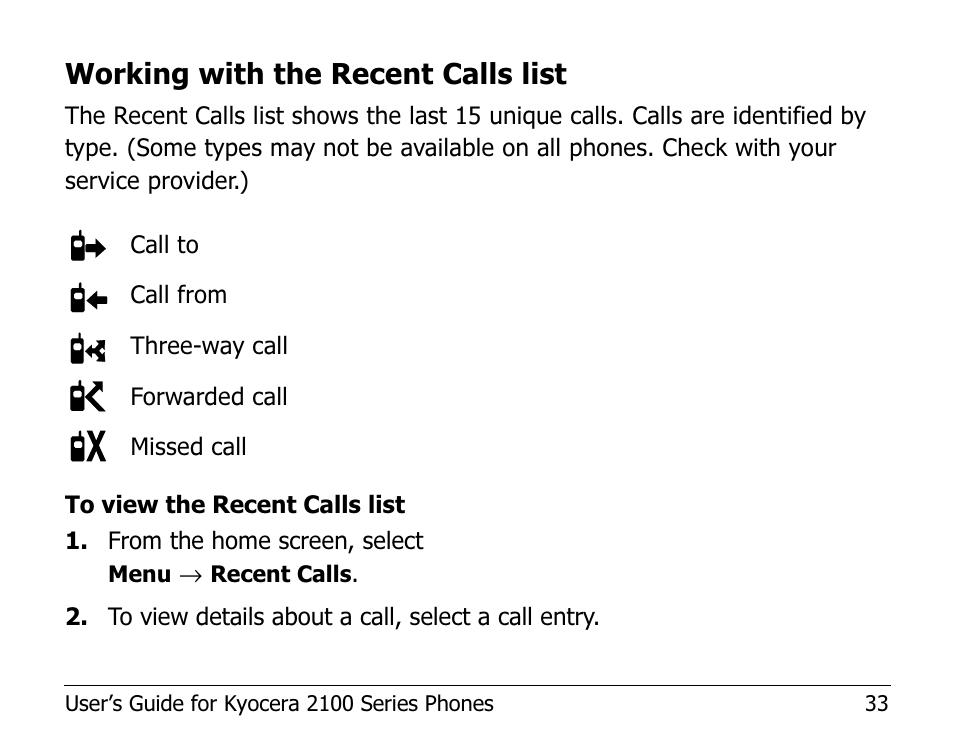 Working with the recent calls list | Kyocera 2100 Series User Manual | Page 53 / 123