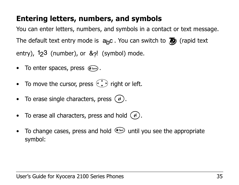 Entering letters, numbers, and symbols | Kyocera 2100 Series User Manual | Page 55 / 123