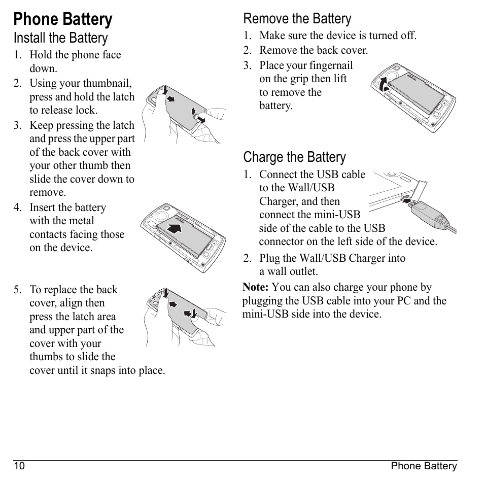 Phone battery, Install the battery, Remove the battery | Charge the battery | Kyocera Sanyo Zio ZioTM M6000 User Manual | Page 10 / 102