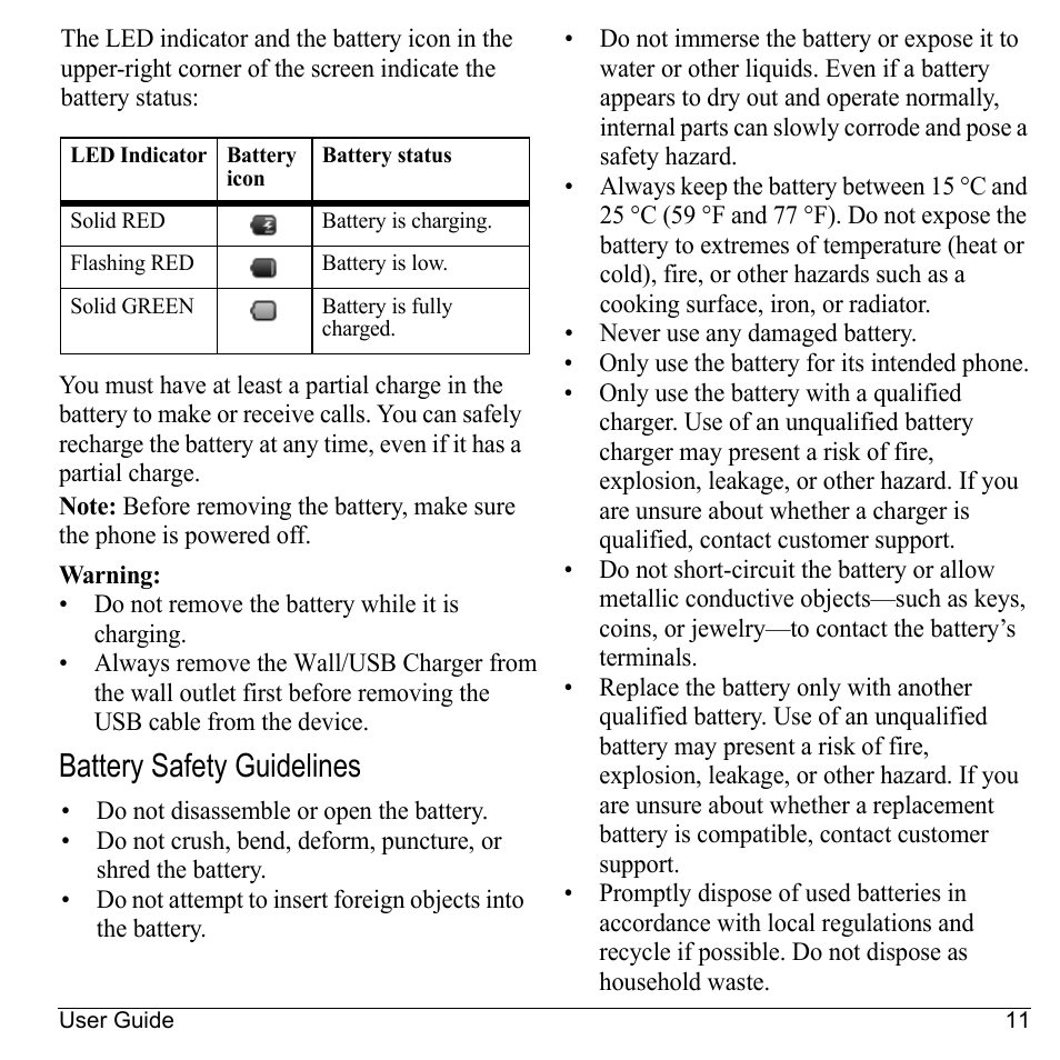 Battery safety guidelines | Kyocera Sanyo Zio ZioTM M6000 User Manual | Page 11 / 102