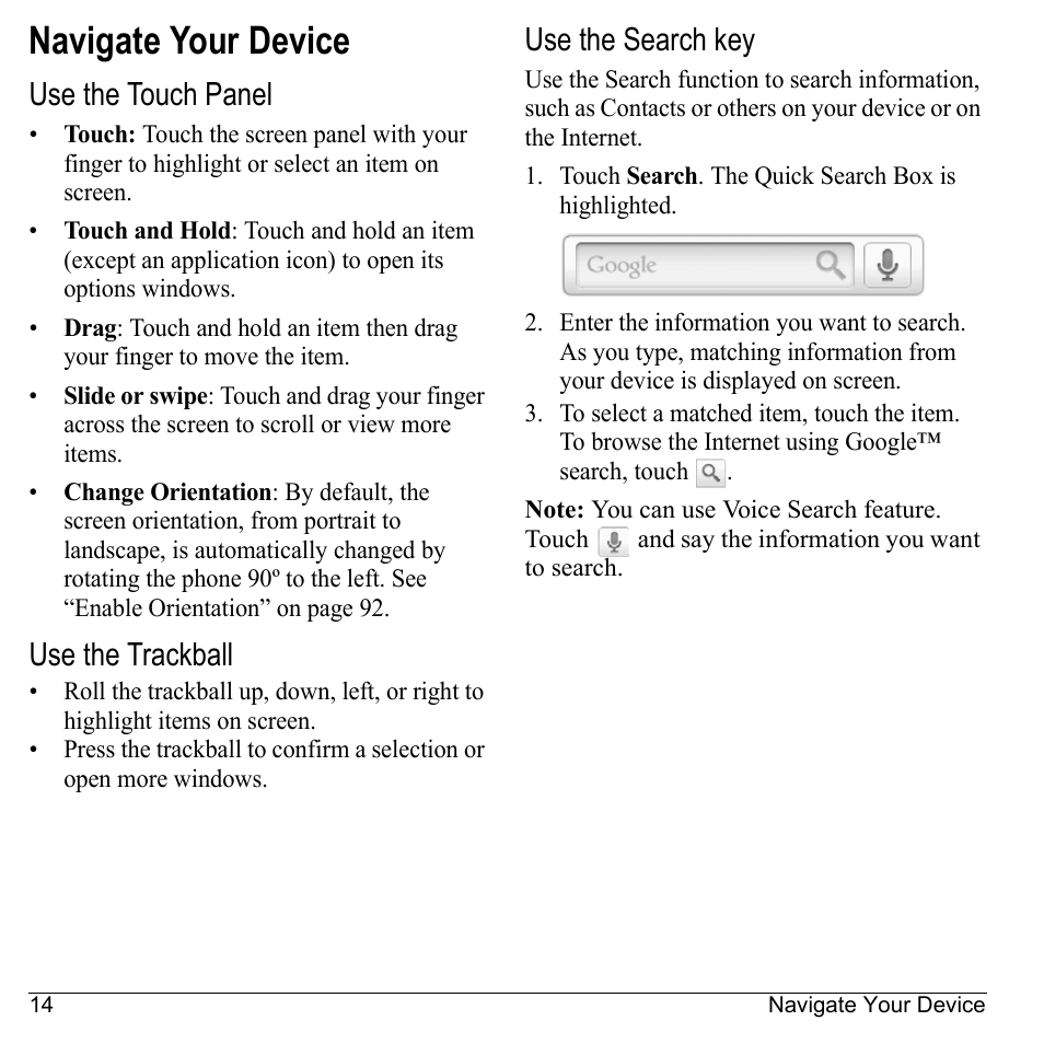Navigate your device, Use the touch panel, Use the trackball | Use the search key | Kyocera Sanyo Zio ZioTM M6000 User Manual | Page 14 / 102