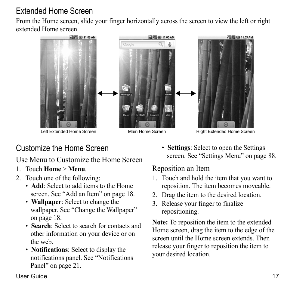 Extended home screen, Customize the home screen, Use menu to customize the home screen | Reposition an item | Kyocera Sanyo Zio ZioTM M6000 User Manual | Page 17 / 102
