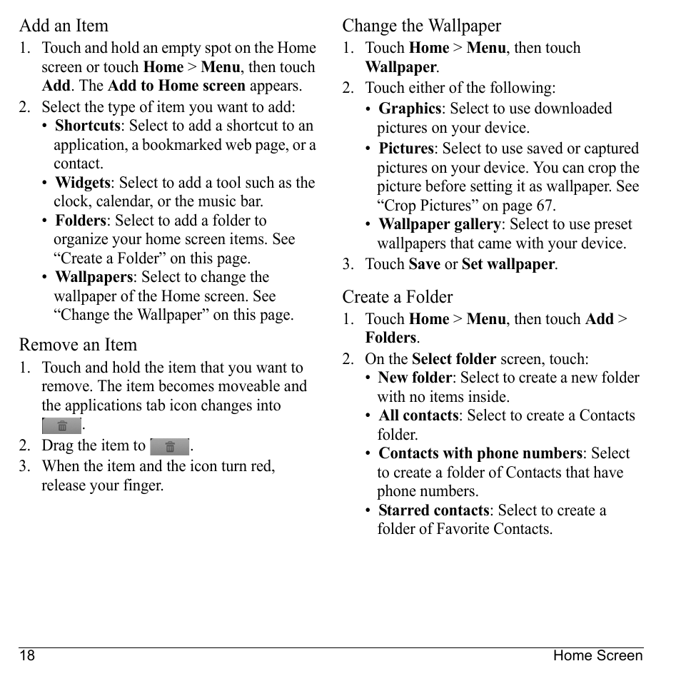 Add an item, Remove an item, Change the wallpaper | Create a folder | Kyocera Sanyo Zio ZioTM M6000 User Manual | Page 18 / 102