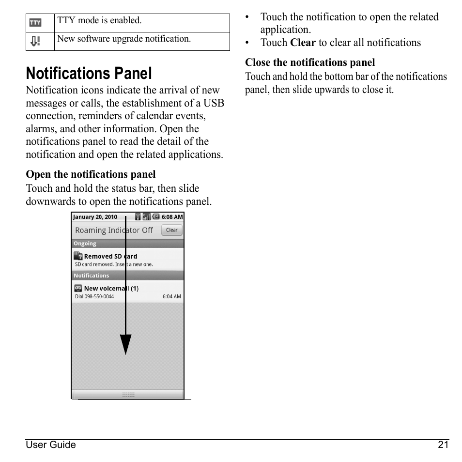 Notifications panel | Kyocera Sanyo Zio ZioTM M6000 User Manual | Page 21 / 102