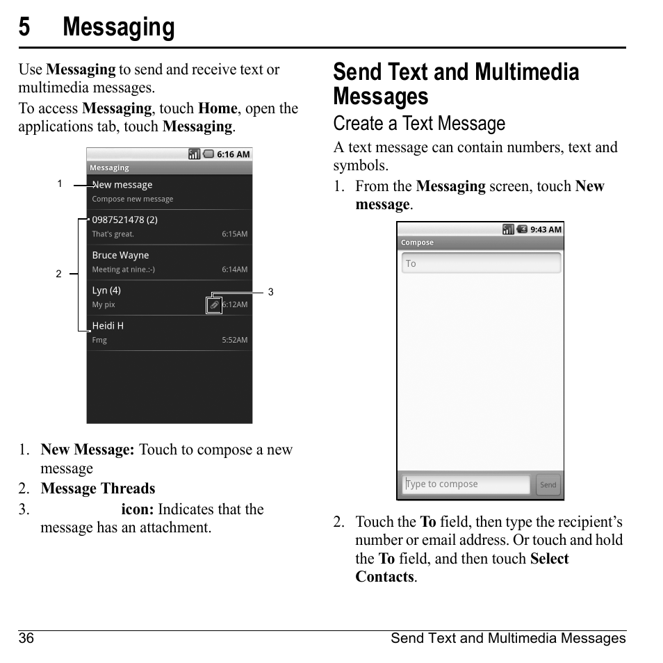 5 messaging, Send text and multimedia messages, Create a text message | Messaging, Send text and multimedia, Messages, 5messaging | Kyocera Sanyo Zio ZioTM M6000 User Manual | Page 36 / 102