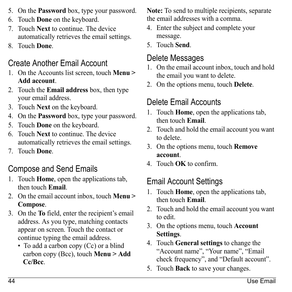 Create another email account, Compose and send emails, Delete messages | Delete email accounts, Email account settings | Kyocera Sanyo Zio ZioTM M6000 User Manual | Page 44 / 102