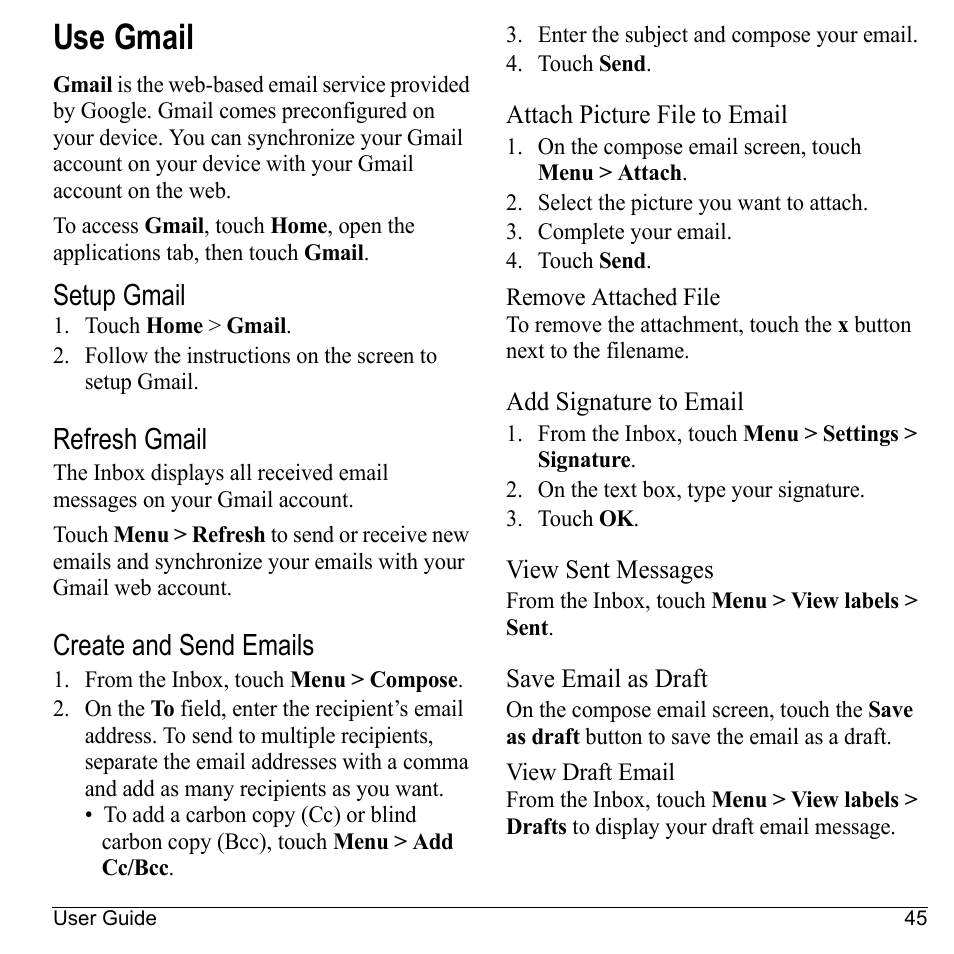 Use gmail, Setup gmail, Refresh gmail | Create and send emails, Attach picture file to email, Add signature to email, View sent messages, Save email as draft | Kyocera Sanyo Zio ZioTM M6000 User Manual | Page 45 / 102