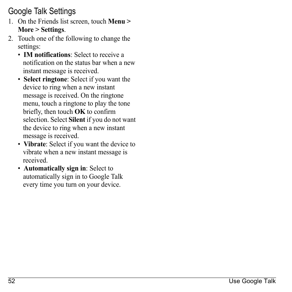 Google talk settings | Kyocera Sanyo Zio ZioTM M6000 User Manual | Page 52 / 102