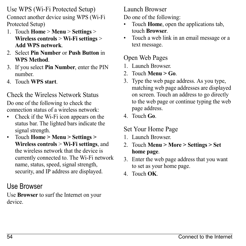 Use wps (wi-fi protected setup), Check the wireless network status, Use browser | Launch browser | Kyocera Sanyo Zio ZioTM M6000 User Manual | Page 54 / 102