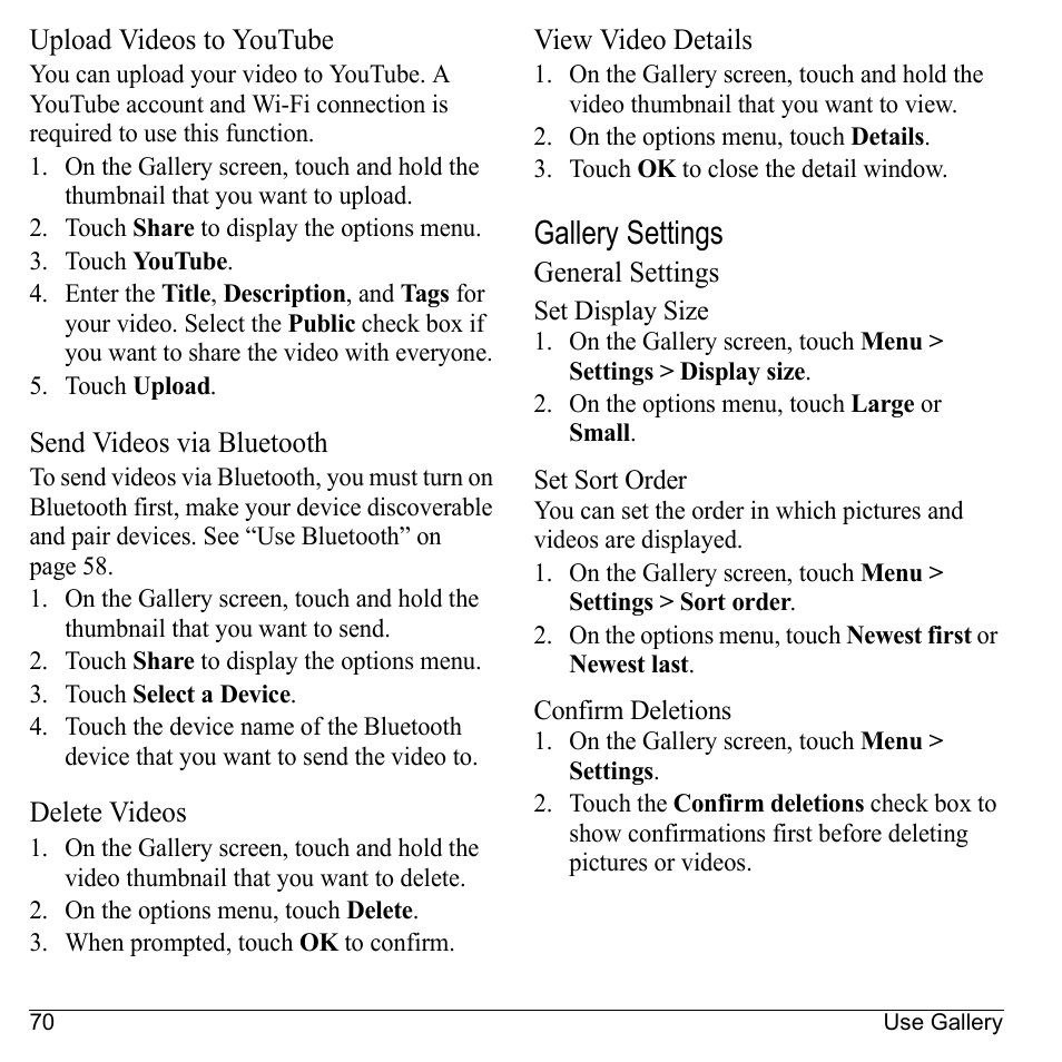 Upload videos to youtube, Send videos via bluetooth, Delete videos | View video details, Gallery settings, General settings | Kyocera Sanyo Zio ZioTM M6000 User Manual | Page 70 / 102