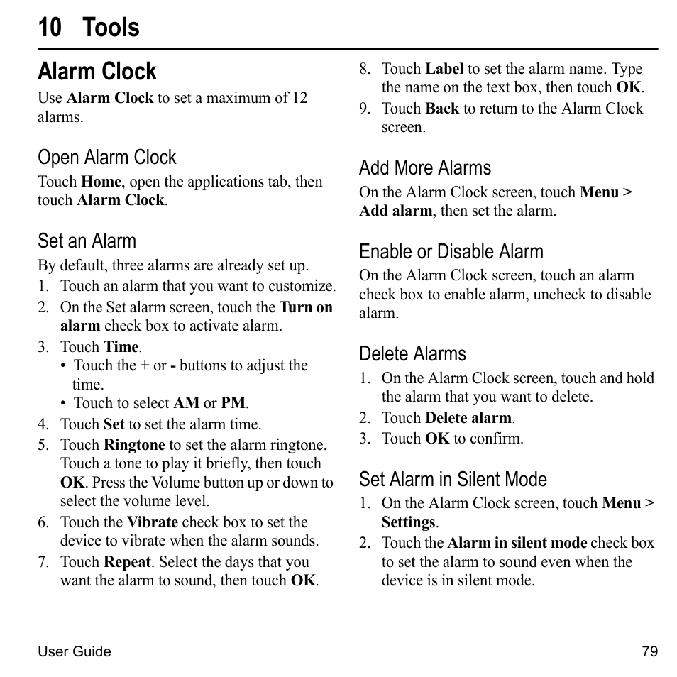 10 tools, Alarm clock, Open alarm clock | Set an alarm, Add more alarms, Enable or disable alarm, Delete alarms, Set alarm in silent mode | Kyocera Sanyo Zio ZioTM M6000 User Manual | Page 79 / 102