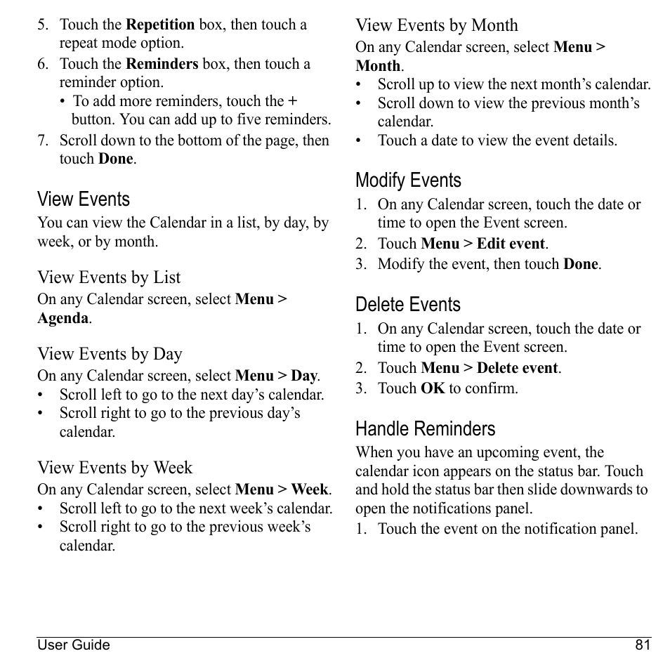 View events, View events by list, View events by day | View events by week, View events by month, Modify events, Delete events, Handle reminders | Kyocera Sanyo Zio ZioTM M6000 User Manual | Page 81 / 102