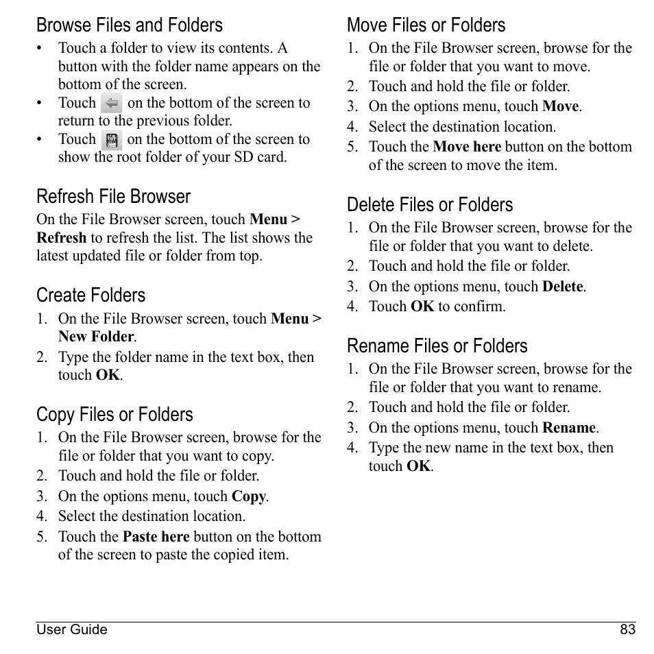 Browse files and folders, Refresh file browser, Create folders | Copy files or folders, Move files or folders, Delete files or folders, Rename files or folders | Kyocera Sanyo Zio ZioTM M6000 User Manual | Page 83 / 102