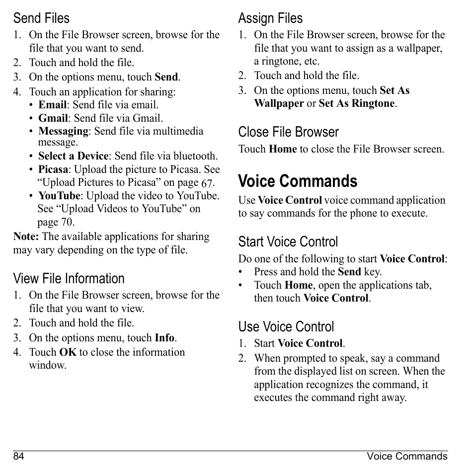 Send files, View file information, Assign files | Close file browser, Voice commands, Start voice control, Use voice control | Kyocera Sanyo Zio ZioTM M6000 User Manual | Page 84 / 102