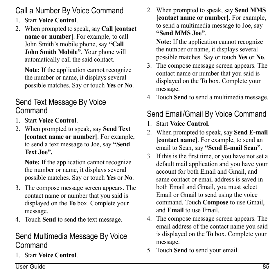 Call a number by voice command, Send text message by voice command, Send multimedia message by voice command | Send email/gmail by voice command, Send m ultimedia message by voice command | Kyocera Sanyo Zio ZioTM M6000 User Manual | Page 85 / 102