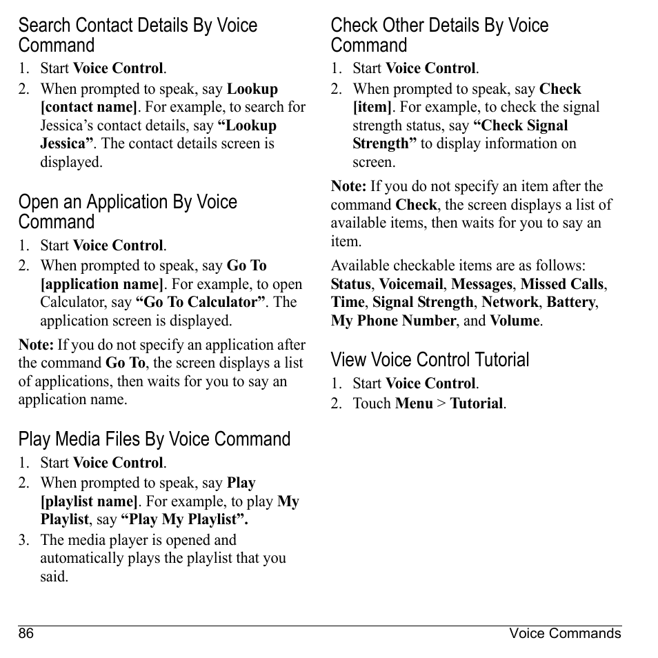 Search contact details by voice command, Open an application by voice command, Play media files by voice command | Check other details by voice command, View voice control tutorial | Kyocera Sanyo Zio ZioTM M6000 User Manual | Page 86 / 102