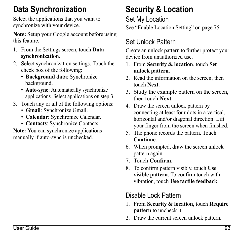 Data synchronization, Security & location, Set my location | Set unlock pattern, Disable lock pattern, Data synchronization security & location | Kyocera Sanyo Zio ZioTM M6000 User Manual | Page 93 / 102