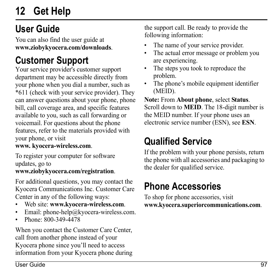 12 get help, User guide, Customer support | Qualified service, Phone accessories | Kyocera Sanyo Zio ZioTM M6000 User Manual | Page 97 / 102