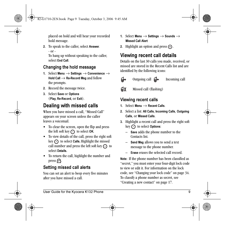 Dealing with missed calls, Viewing recent call details, Changing the hold message | Setting missed call alerts, Viewing recent calls | Kyocera K132 User Manual | Page 17 / 64