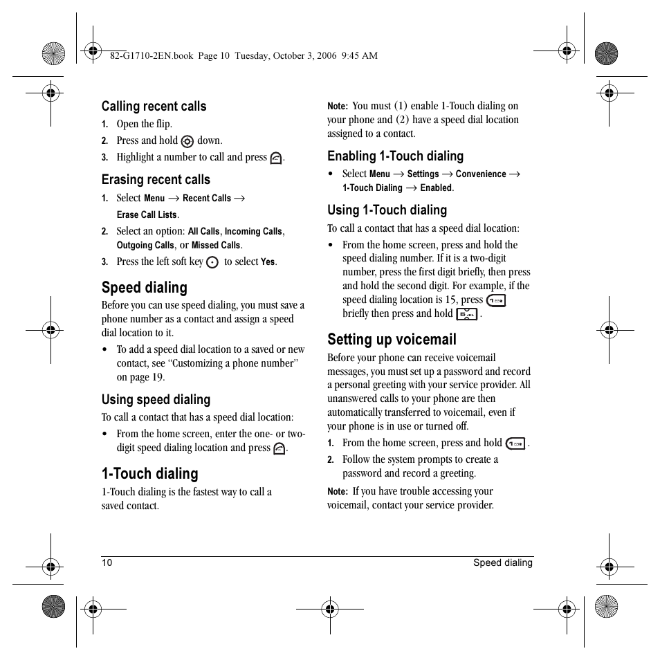 Speed dialing, Touch dialing, Setting up voicemail | Calling recent calls, Erasing recent calls, Using speed dialing, Enabling 1-touch dialing, Using 1-touch dialing | Kyocera K132 User Manual | Page 18 / 64