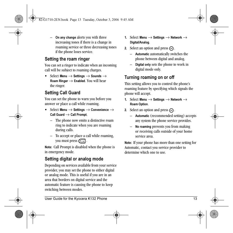 Setting the roam ringer, Setting call guard, Setting digital or analog mode | Turning roaming on or off | Kyocera K132 User Manual | Page 21 / 64