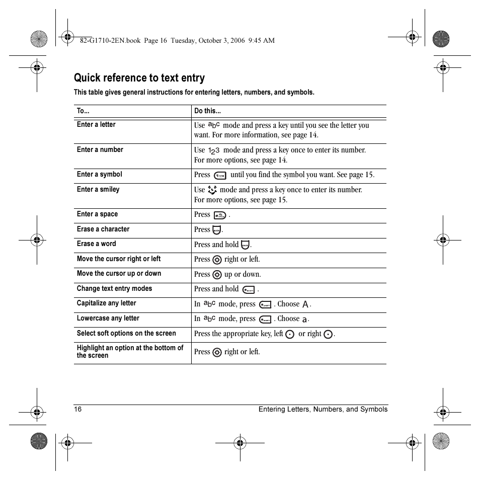 Quick reference to text entry | Kyocera K132 User Manual | Page 24 / 64