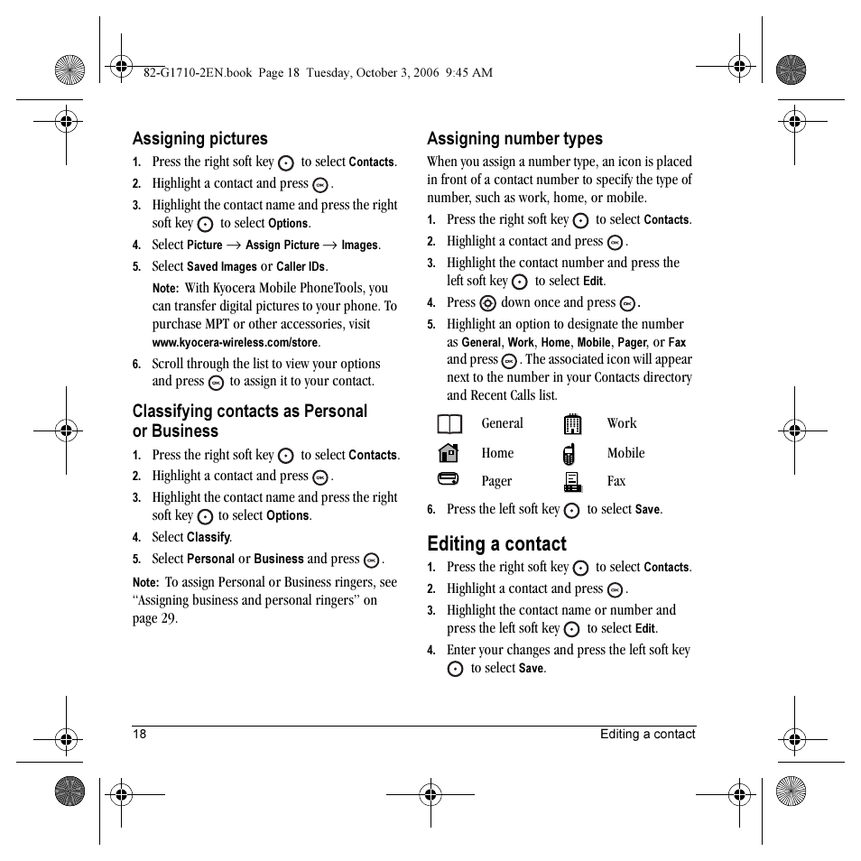 Editing a contact, Assigning pictures, Classifying contacts as personal or business | Assigning number types | Kyocera K132 User Manual | Page 26 / 64