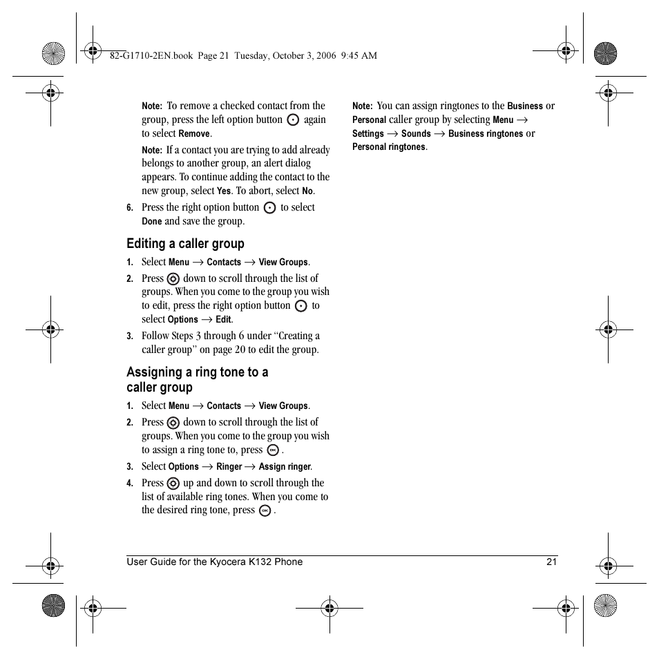 Editing a caller group, Assigning a ring tone to a caller group | Kyocera K132 User Manual | Page 29 / 64