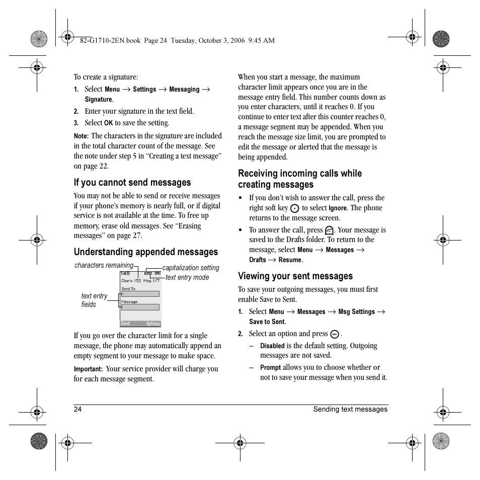 If you cannot send messages, Understanding appended messages, Receiving incoming calls while creating messages | Viewing your sent messages | Kyocera K132 User Manual | Page 32 / 64
