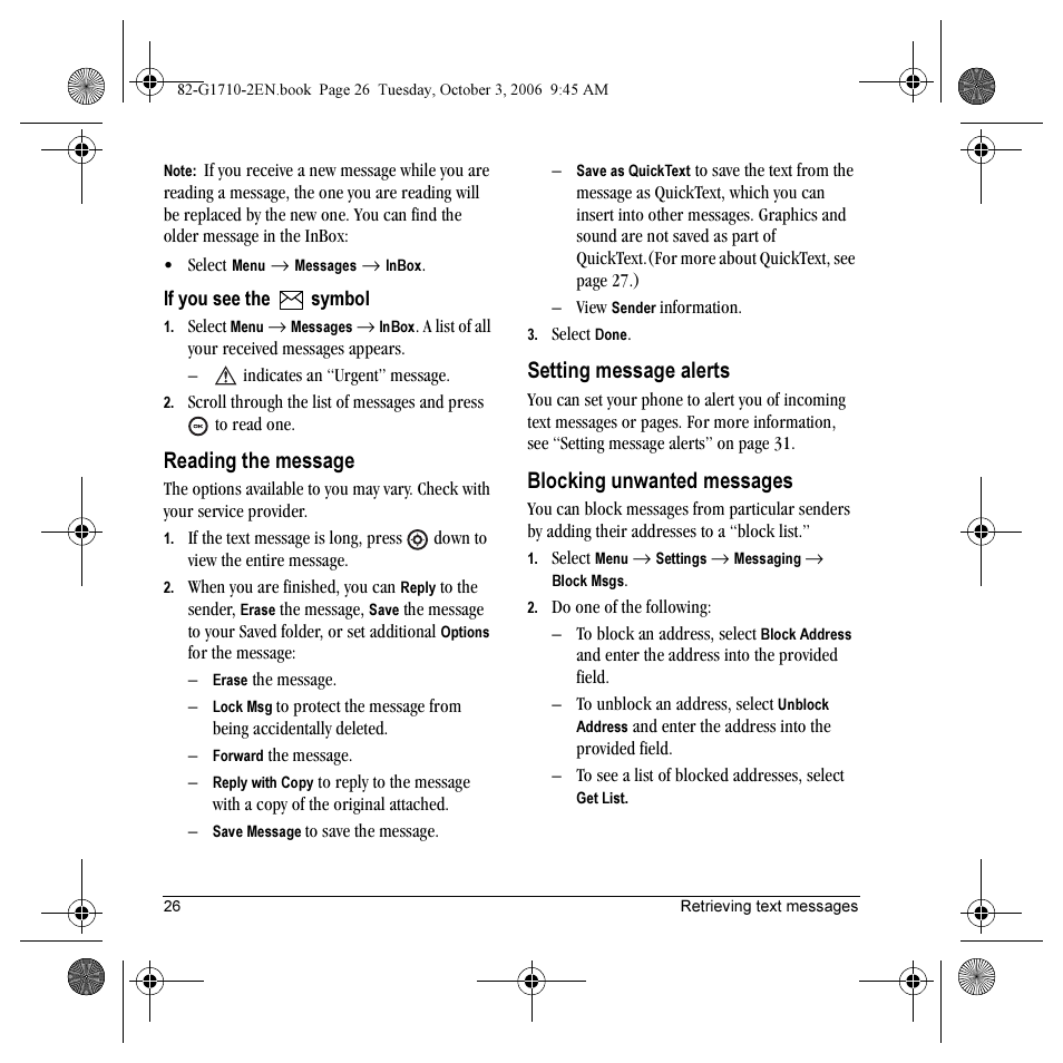 Reading the message, Setting message alerts, Blocking unwanted messages | Kyocera K132 User Manual | Page 34 / 64