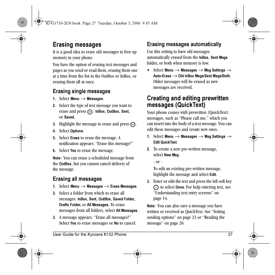 Erasing messages, Erasing single messages, Erasing all messages | Erasing messages automatically | Kyocera K132 User Manual | Page 35 / 64