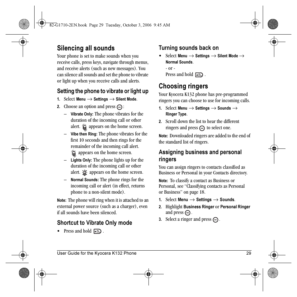 Silencing all sounds, Choosing ringers, Setting the phone to vibrate or light up | Shortcut to vibrate only mode, Turning sounds back on, Assigning business and personal ringers | Kyocera K132 User Manual | Page 37 / 64