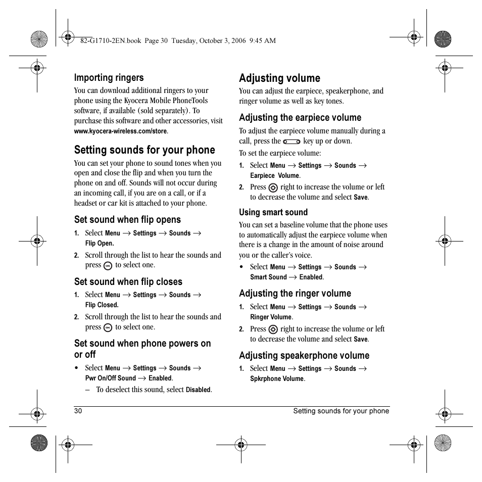 Setting sounds for your phone, Adjusting volume, Importing ringers | Set sound when flip opens, Set sound when flip closes, Set sound when phone powers on or off, Adjusting the earpiece volume, Adjusting the ringer volume, Adjusting speakerphone volume | Kyocera K132 User Manual | Page 38 / 64