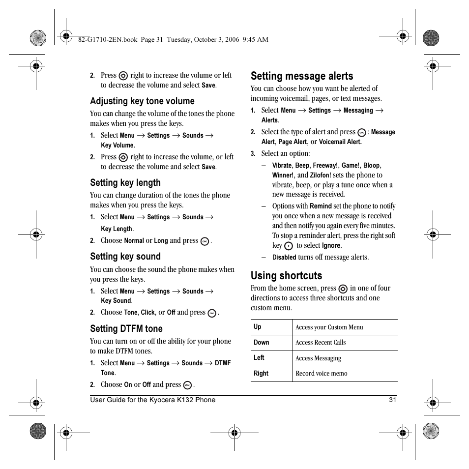 Setting message alerts, Using shortcuts, Adjusting key tone volume | Setting key length, Setting key sound, Setting dtfm tone | Kyocera K132 User Manual | Page 39 / 64