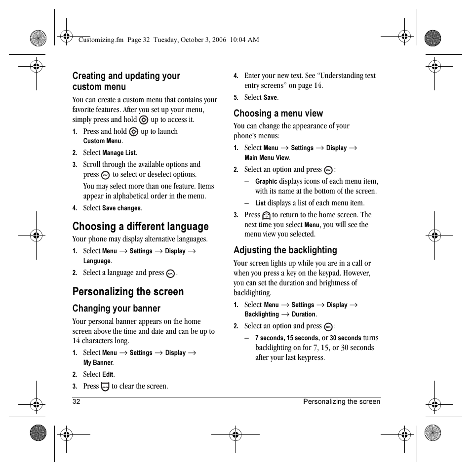Choosing a different language, Personalizing the screen, Creating and updating your custom menu | Changing your banner, Choosing a menu view, Adjusting the backlighting | Kyocera K132 User Manual | Page 40 / 64