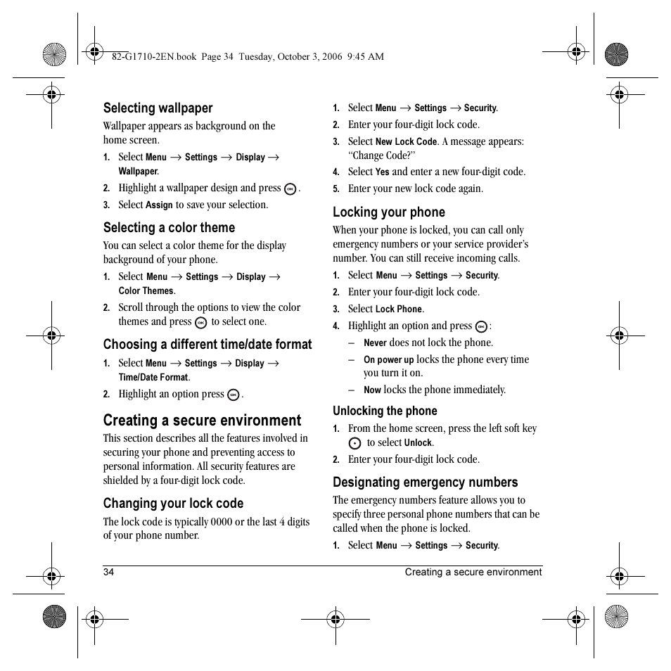Creating a secure environment, Selecting wallpaper, Selecting a color theme | Choosing a different time/date format, Changing your lock code, Locking your phone, Designating emergency numbers | Kyocera K132 User Manual | Page 42 / 64